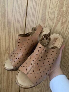 Born Tan Leather Perforated Open-Toe Slingback Mules